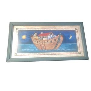 Vintage Noah's Ark‎ Framed Folk Art Biblical Wall Decor Nursery Christian Art